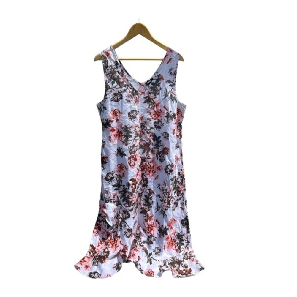 Lord + Taylor White Pink 100% Linen Floral Sleeveless Midi Maxi Dress print